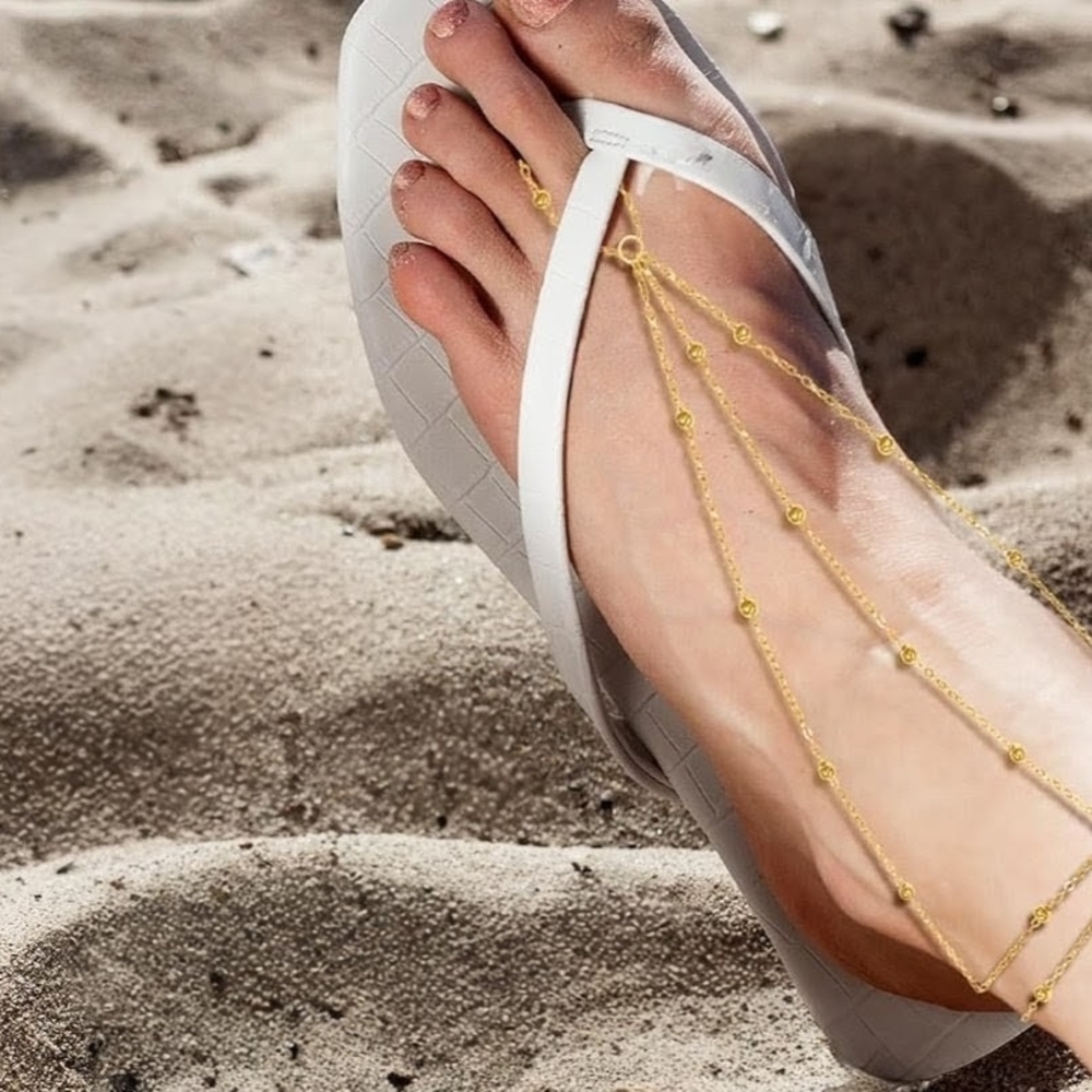 Chic White Sandals with Gold Tone Chain Detail